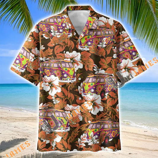 Unijames Hippie Camping Van Brown Hibiscus Hawaiian Shirt