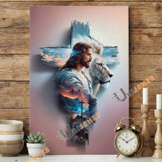 Unijames Jesus and the Lion of Judah Cross Canvas Art