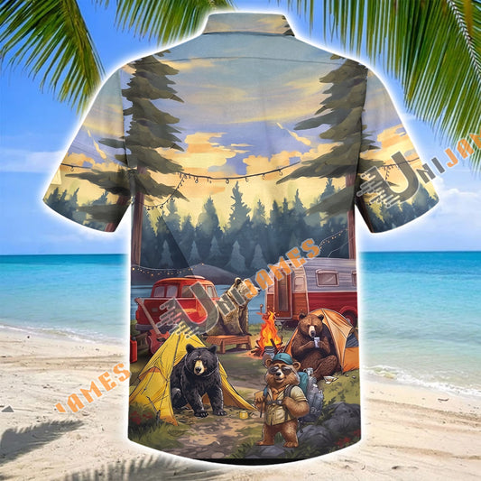 Unijames Bear Family Camping Trailer Forest Hawaiian Shirt