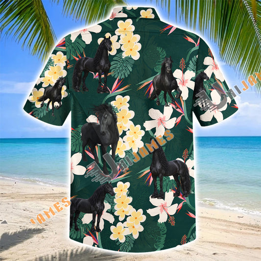 Unijames Friesian Horse Tropical Floral Green Hawaiian Shirt