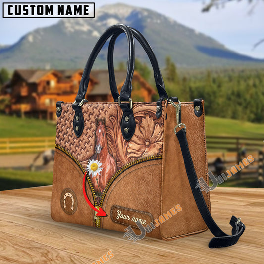 Unijames American Quarter Horse Center Zip Pattern Custom Name 3D Leather Handbag