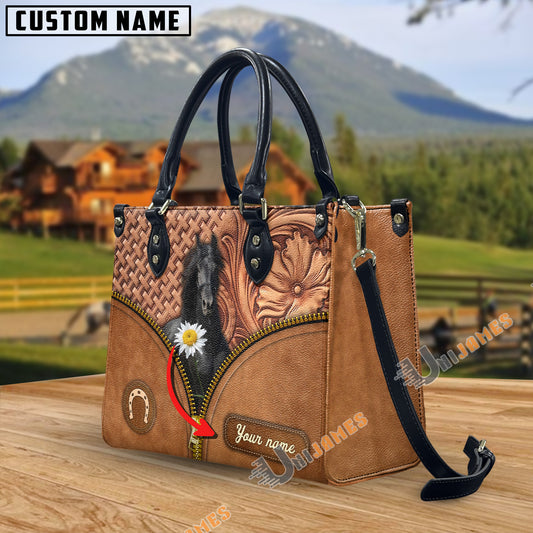 Unijames Friesian Center Zip Pattern Custom Name 3D Leather Handbag
