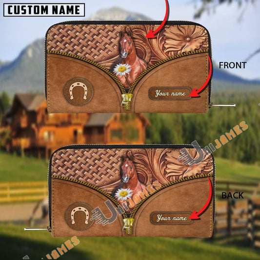Uni American Quarter Horse Center Zip Pattern Custom Name 3D Leather Clutch