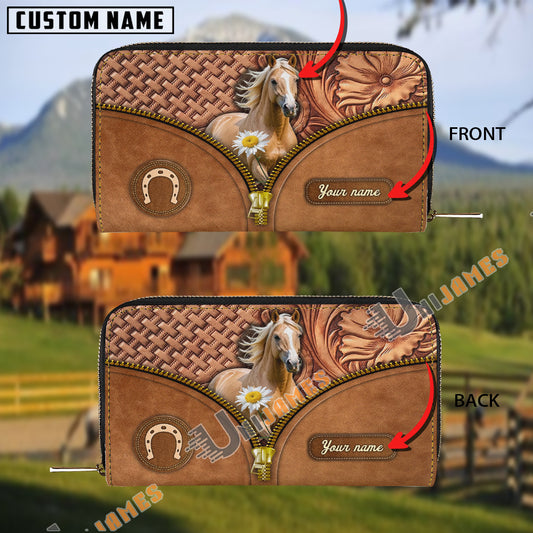 Uni Palomino Center Zip Pattern Custom Name 3D Leather Clutch
