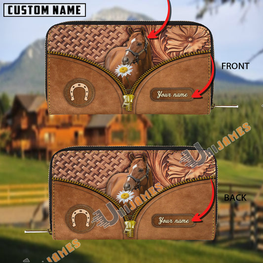 Uni Thoroughbred Center Zip Pattern Custom Name 3D Leather Clutch