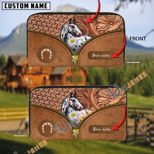 Uni Appaloosa Center Zip Pattern Custom Name 3D Leather Clutch