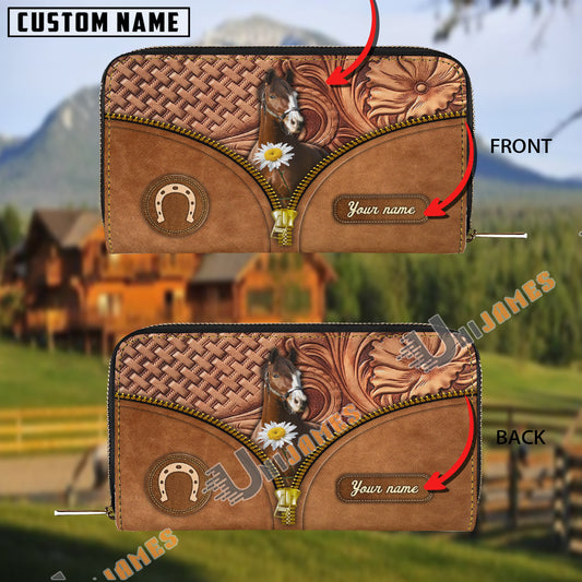 Uni Warmblood Center Zip Pattern Custom Name 3D Leather Clutch