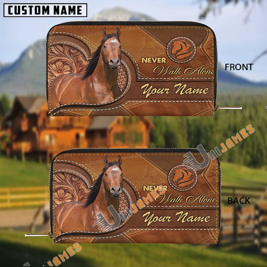 Uni American Quarter Horse Never Walk Alone Custom Name 3D Leather Clutch