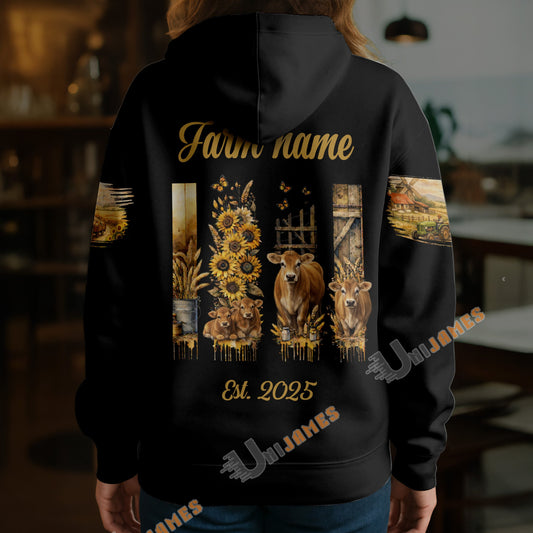 Uni Personalized Golden Harvest Farm Sunflower & Cow Hoodie (8 Cattle Breeds)