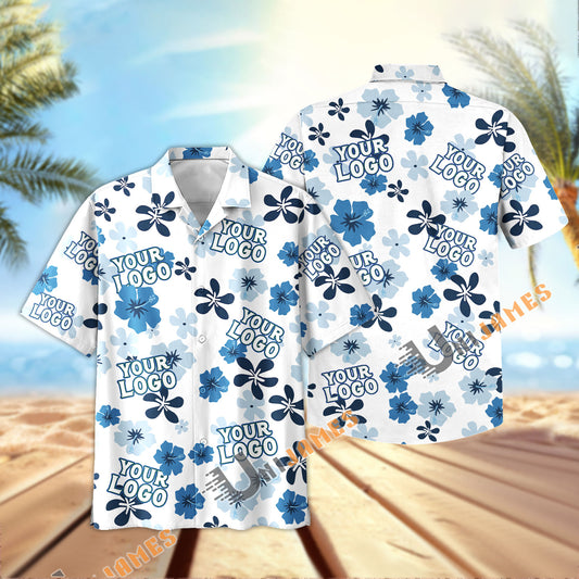 UniJames Custom Logo, Farm Name Blue Floral Pattern Hawaiian Shirt