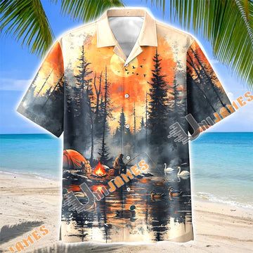 Unijames Fishing Camping Sunset Forest Lake Hawaiian Shirt