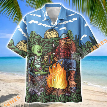 Unijames Bigfoot And Alien Camping Bonfire Hawaiian Shirt