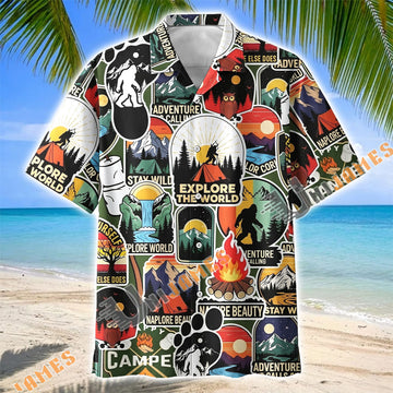 Unijames Bigfoot Explore The World Camping Sticker Hawaiian Shirt