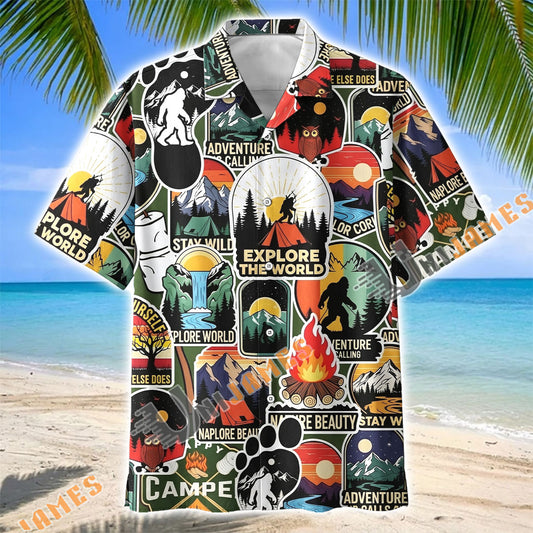 Unijames Bigfoot Explore The World Camping Sticker Hawaiian Shirt