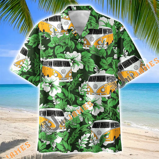Unijames Green Camping Van Tropical Hibiscus Hawaiian Shirt