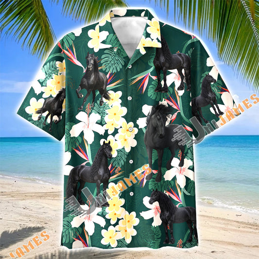 Unijames Friesian Horse Tropical Floral Green Hawaiian Shirt