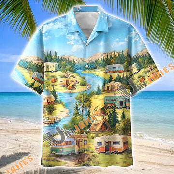 Unijames Retro Camper Trailer Riverside Nature Hawaiian Shirt