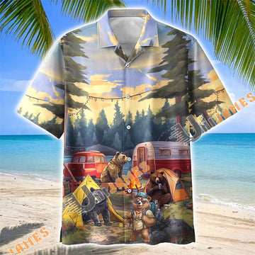 Unijames Bear Family Camping Trailer Forest Hawaiian Shirt