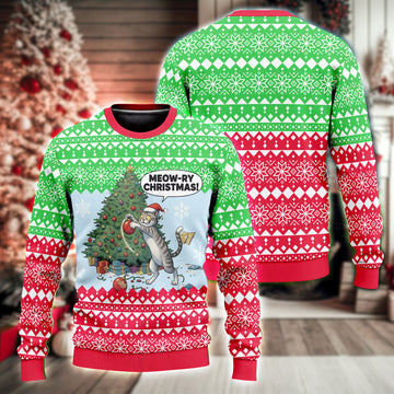 Unijames Funny Meow-ry Christmas Cat Holiday Sweater