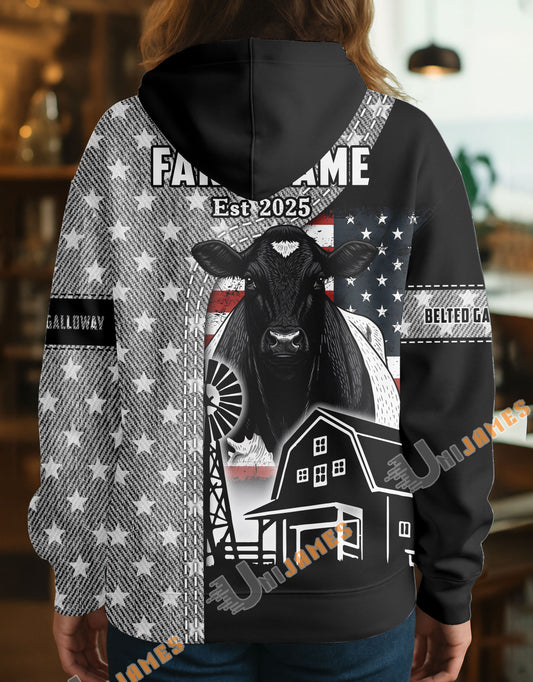 Uni Personalized American Flag Ranch Pattern Name & Farm Name Cattle Hoodie