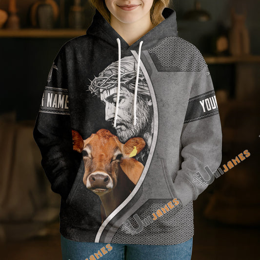 Uni Personalized Name & Farm Name Jesus and Cow Christian Hoodie (10 Cattle Breeds)