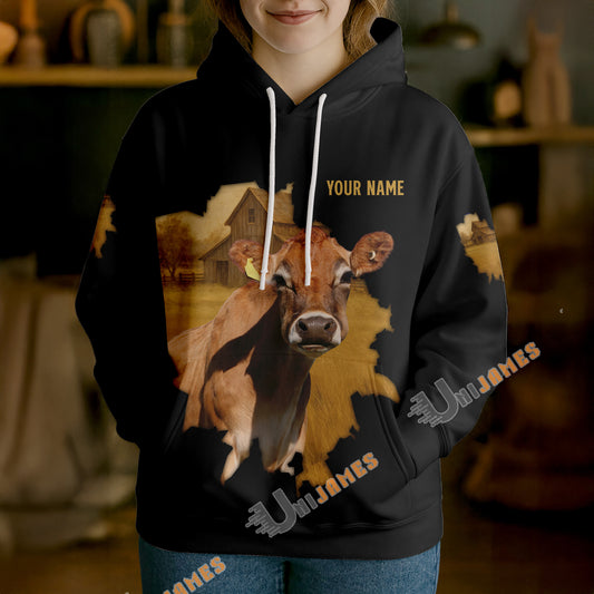 Uni Personalized Name & Farm Name Vintage Barn Cow Hoodie (10 Cattle Breeds)