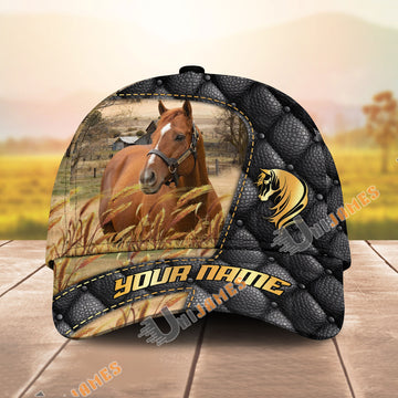 Unijames Thoroughbred Black Leather Luxury Gold Pattern Personalized Name Cap