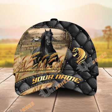 Unijames Friesian Black Leather Luxury Gold Pattern Personalized Name Cap