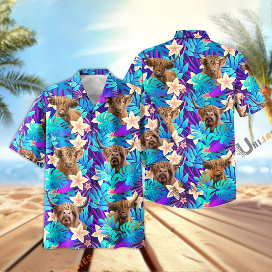 Uni Highland Light Blue Flowers 3D Hawaiian Shirt