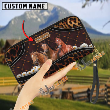 Uni American Quarter Horse Happiness Sunflower Custom Name 3D Leather Clutch