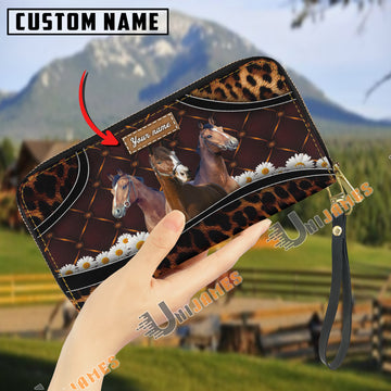 Uni Warmblood Happiness Sunflower Custom Name 3D Leather Clutch