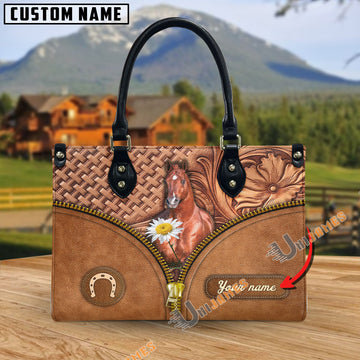 Unijames American Quarter Horse Center Zip Pattern Custom Name 3D Leather Handbag