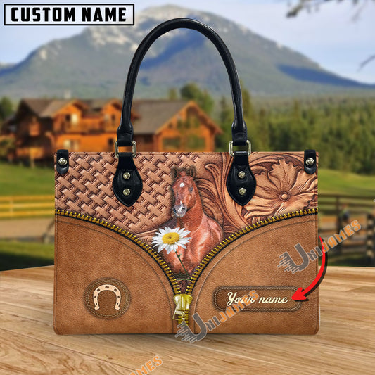 Unijames American Quarter Horse Center Zip Pattern Custom Name 3D Leather Handbag