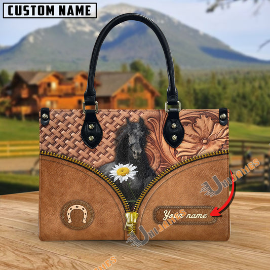 Unijames Friesian Center Zip Pattern Custom Name 3D Leather Handbag