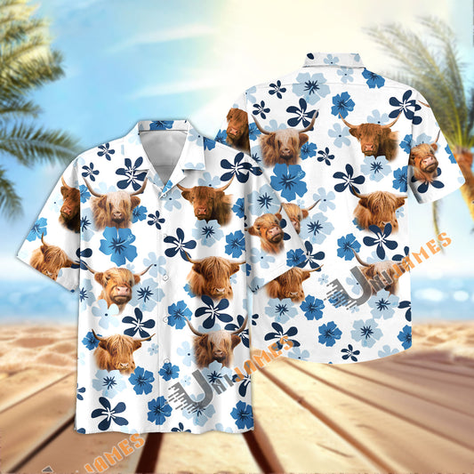 Uni Highland Retro Blue Aloha Floral Hawaiian Shirt