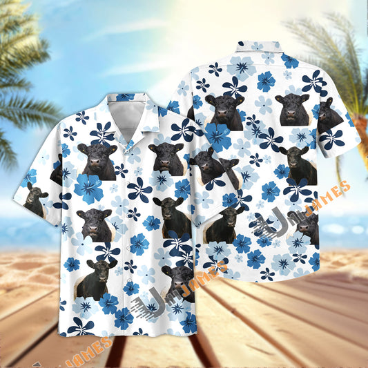 Uni Belted Galloway Retro Blue Aloha Floral Hawaiian Shirt