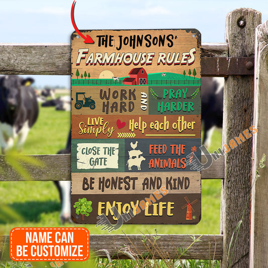 uni Farm Farmhouse Rule Work Hard Lovely Rectangle Metal Sign Custom Name