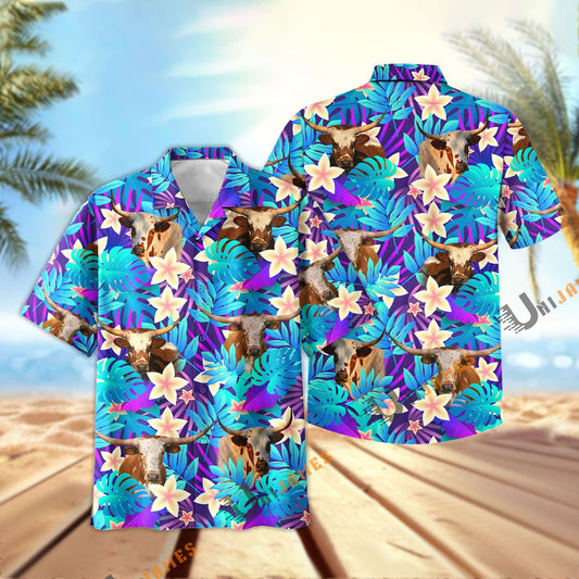 Uni Texas Longhorn Light Blue Flowers 3D Hawaiian Shirt