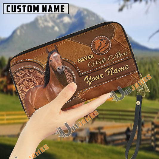 Uni American Quarter Horse Never Walk Alone Custom Name 3D Leather Clutch