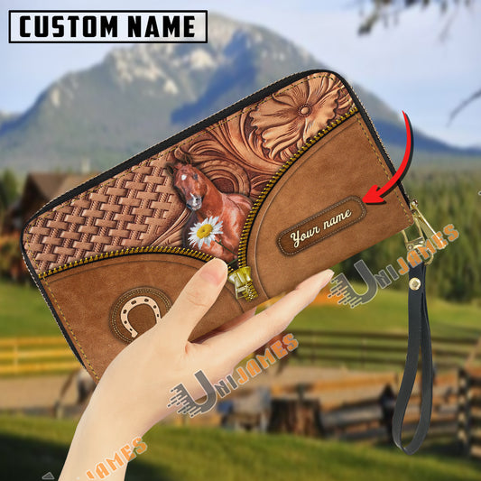 Uni American Quarter Horse Center Zip Pattern Custom Name 3D Leather Clutch