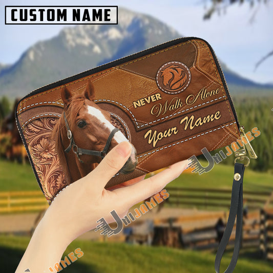 Uni Thoroughbred Never Walk Alone Custom Name 3D Leather Clutch