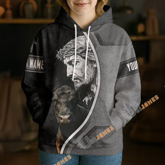 Uni Personalized Name & Farm Name Jesus and Cow Christian Hoodie (10 Cattle Breeds)