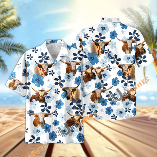 Uni Texas Longhorn Retro Blue Aloha Floral Hawaiian Shirt