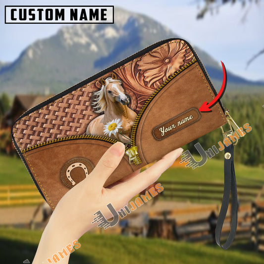 Uni Palomino Center Zip Pattern Custom Name 3D Leather Clutch