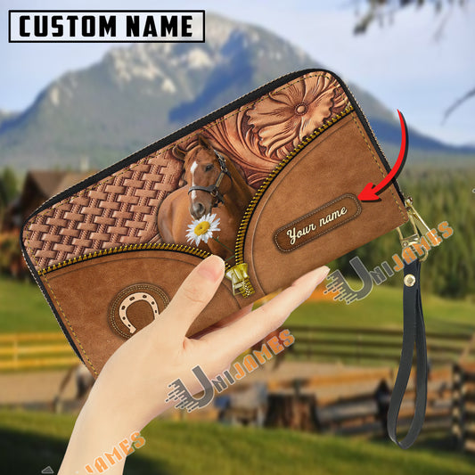 Uni Thoroughbred Center Zip Pattern Custom Name 3D Leather Clutch