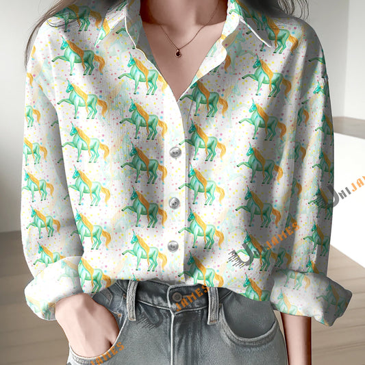 Unique Green Horse Print Casual Long Sleeve Comfortable Shirt