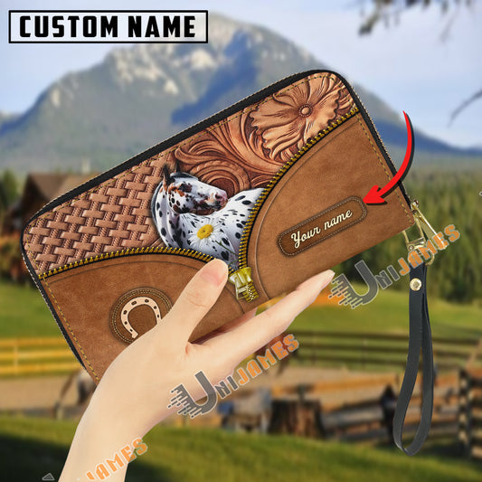 Uni Appaloosa Center Zip Pattern Custom Name 3D Leather Clutch