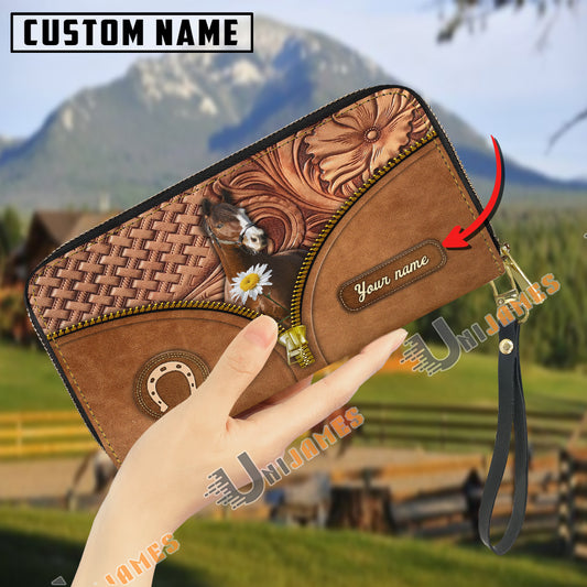 Uni Warmblood Center Zip Pattern Custom Name 3D Leather Clutch