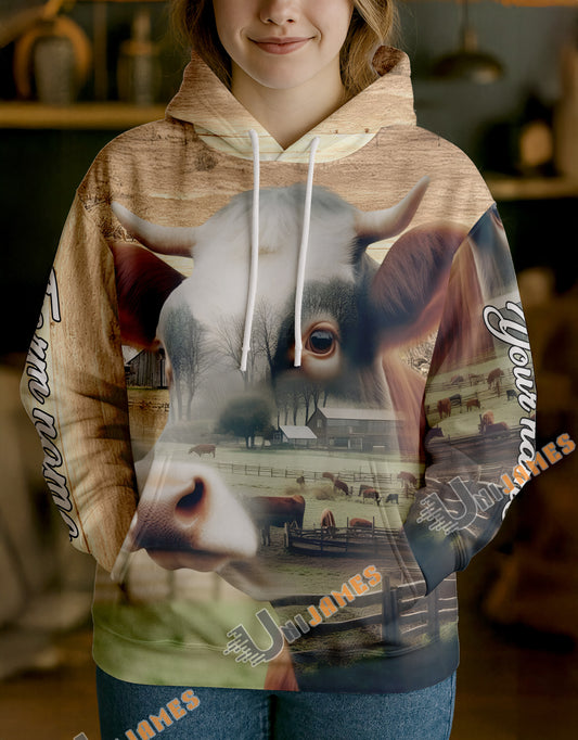 Uni Personalized Name & Farm Name Peaceful Countryside Cow Hoodie