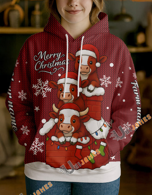 Uni Personalized Cute Christmas Cow Hoodie (8 Cattle Breeds)